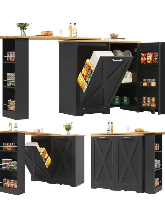 360° Drehbare Essbar Sideboardschrank mit seitlichen Ablagen und Klapptür