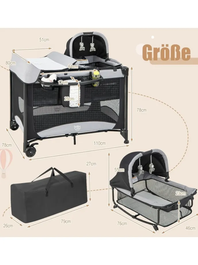 5 in 1 Babybett 2 Ebenen in Schwarz