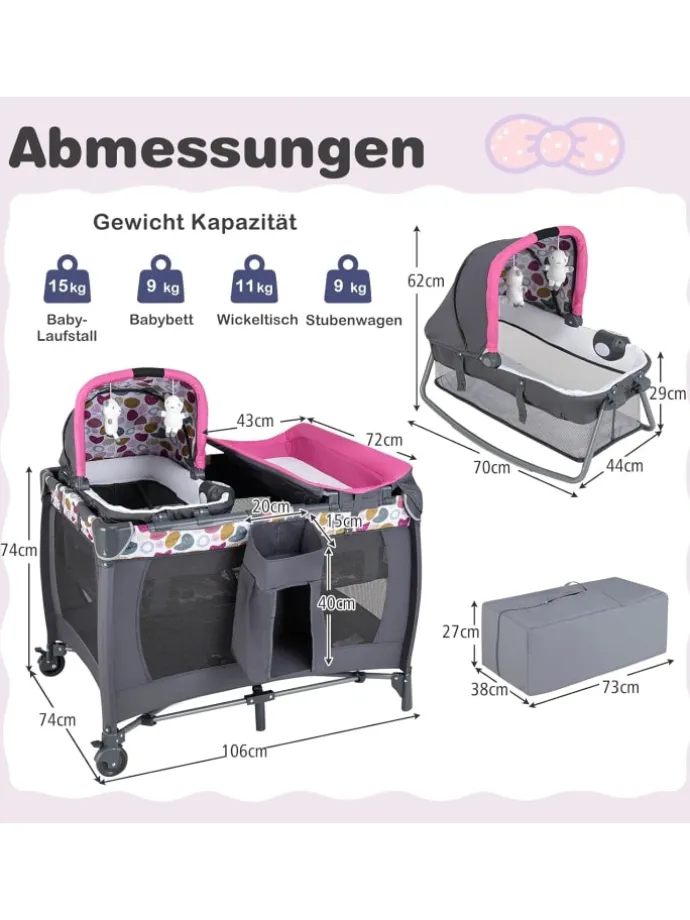 5 in 1 Beistellbett Baby bis 36 Monaten in Lila