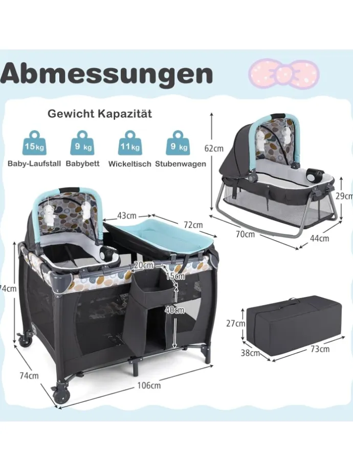 5 in 1 Beistellbett Baby bis 36 Monaten in Blau