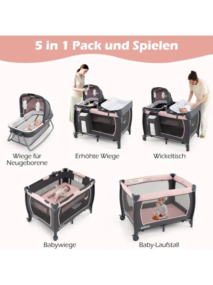 5 in 1 Beistellbett Baby bis 36 Monaten in Rosa