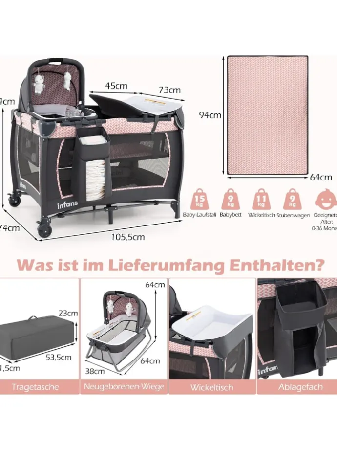 5 in 1 Beistellbett Baby bis 36 Monaten in Rosa