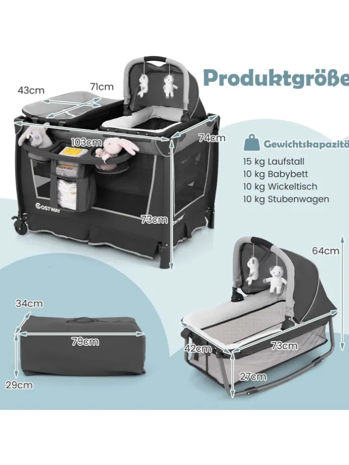 5 in 1 Beistellbett Baby in Grau