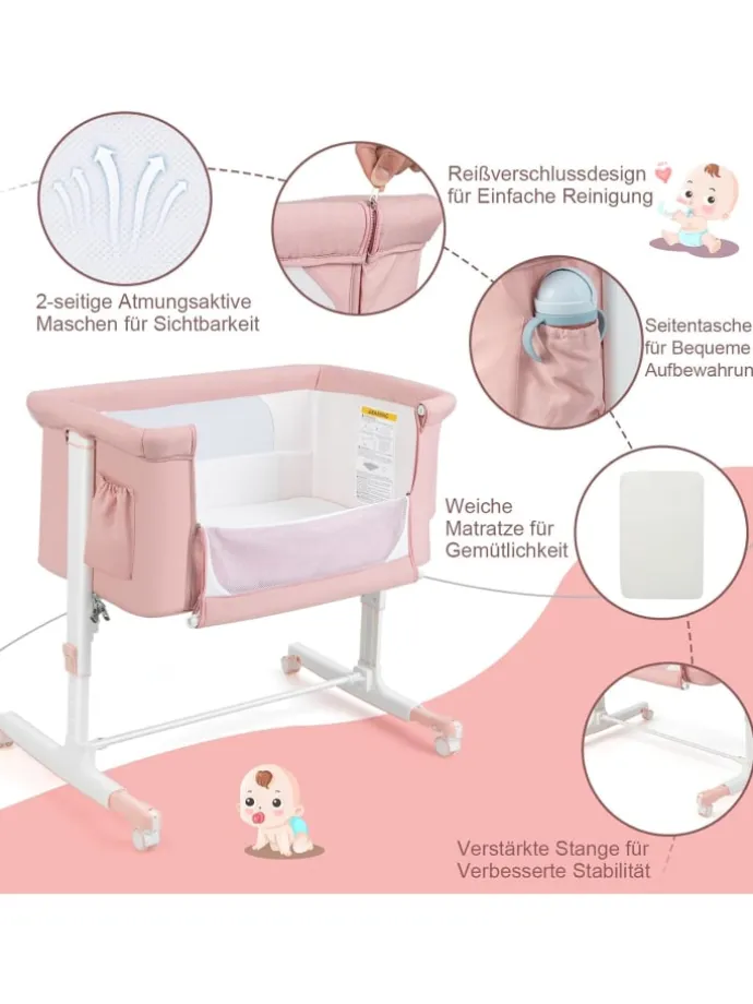 3 in 1 Beistellbett in Rosa