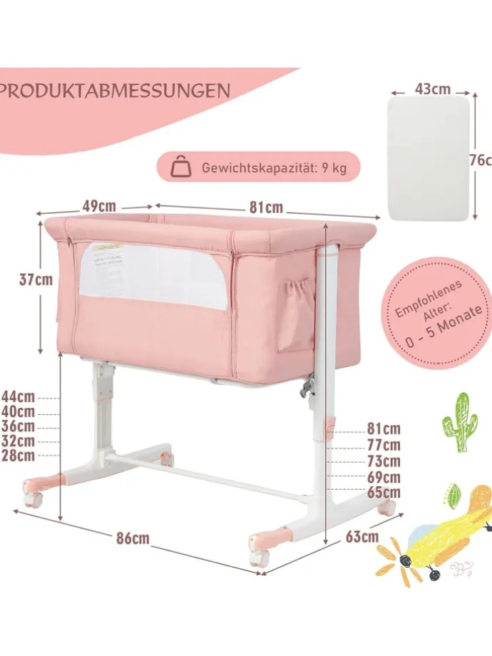 3 in 1 Beistellbett in Rosa