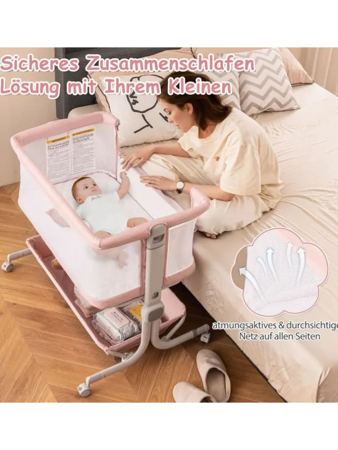 3 in 1 Beistellbett in Rosa