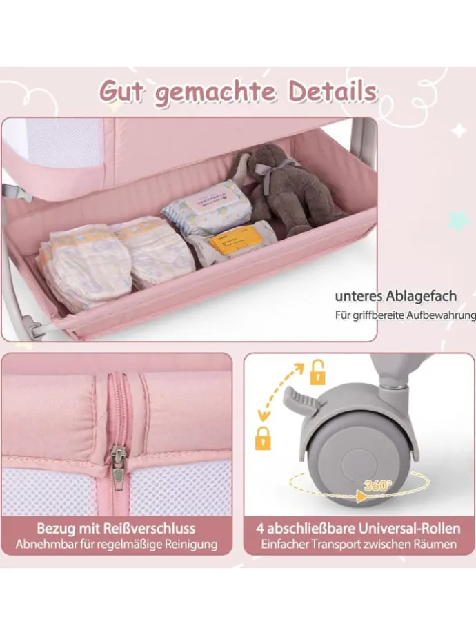 3 in 1 Beistellbett in Rosa