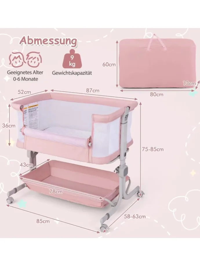 3 in 1 Beistellbett in Rosa