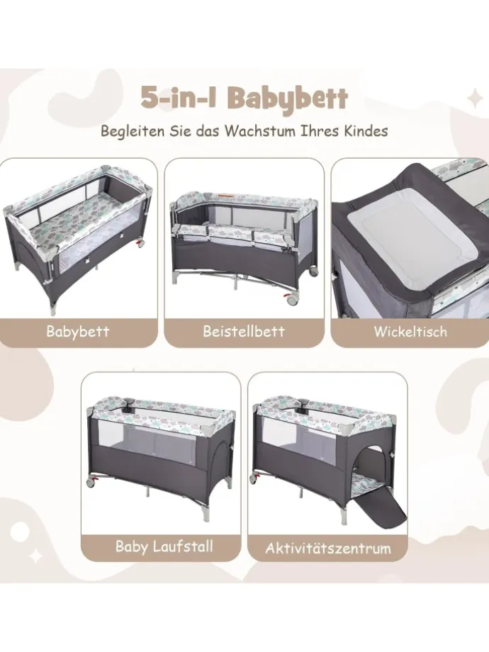 5 in 1 Beistellbett klappbar in Grau