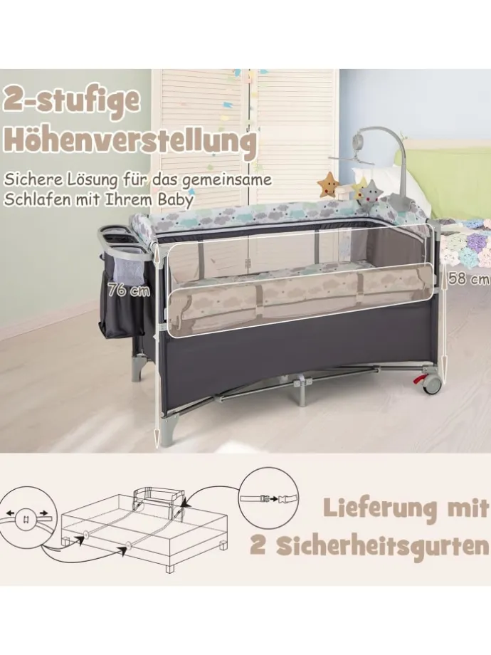 5 in 1 Beistellbett klappbar in Grau