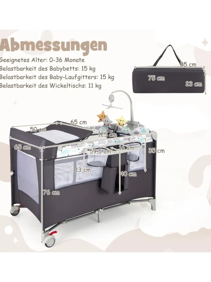 5 in 1 Beistellbett klappbar in Grau