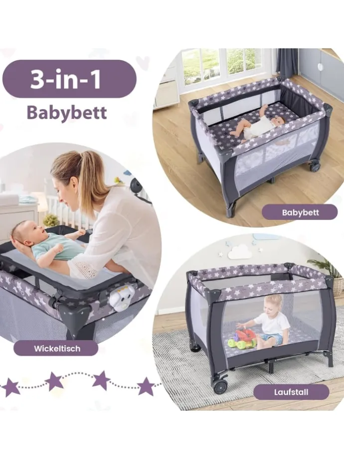 3 in 1 Beistellbett klappbar in Anthrazit