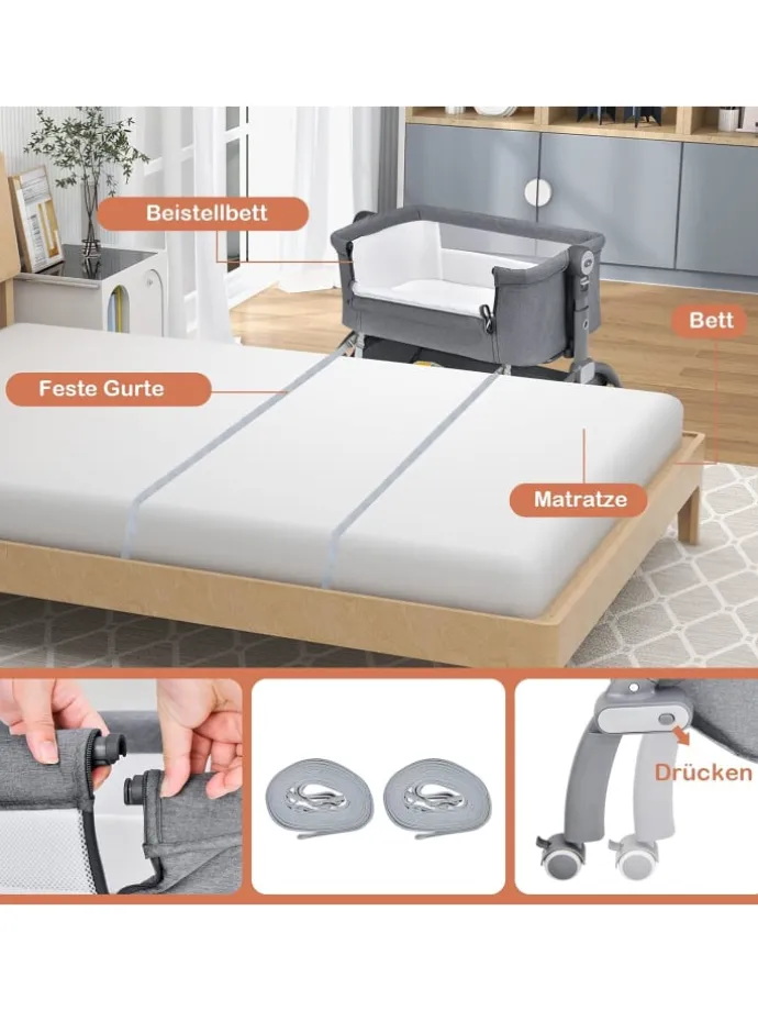 3 in 1 Beistellbett mit Matratze 0-6 Monate in Grau