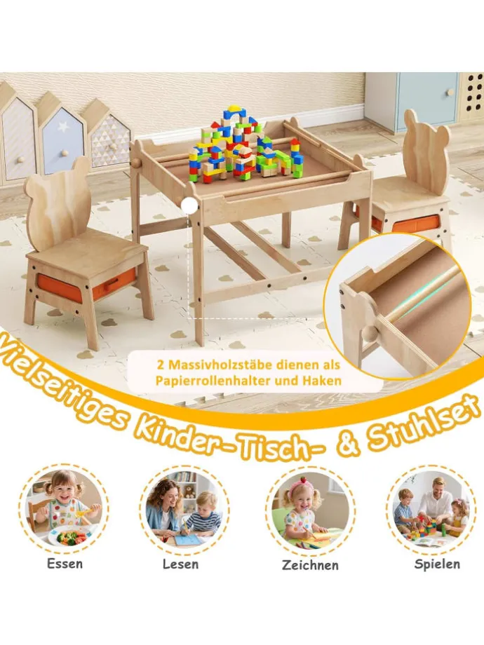 4 in 1 Kindertisch mit 2 Stühlen in Hellbraun