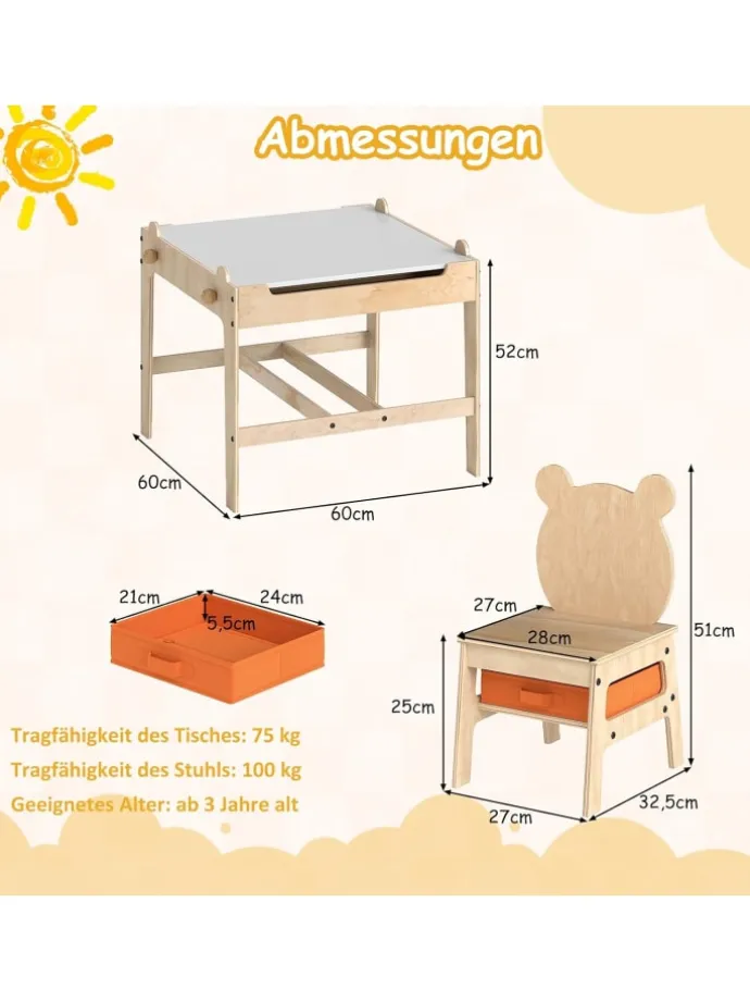 4 in 1 Kindertisch mit 2 Stühlen in Hellbraun