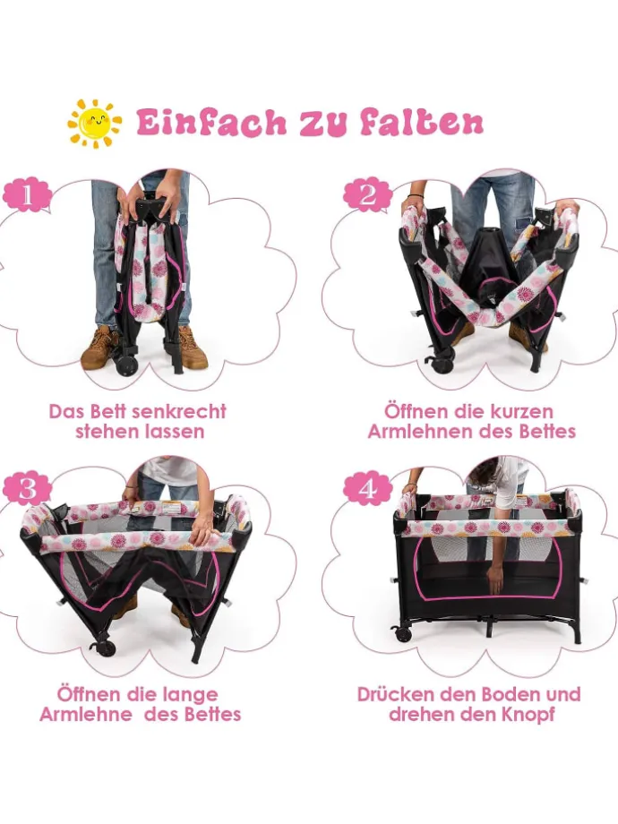 4 in 1 Reisebett 2 Ebenen in Rosa
