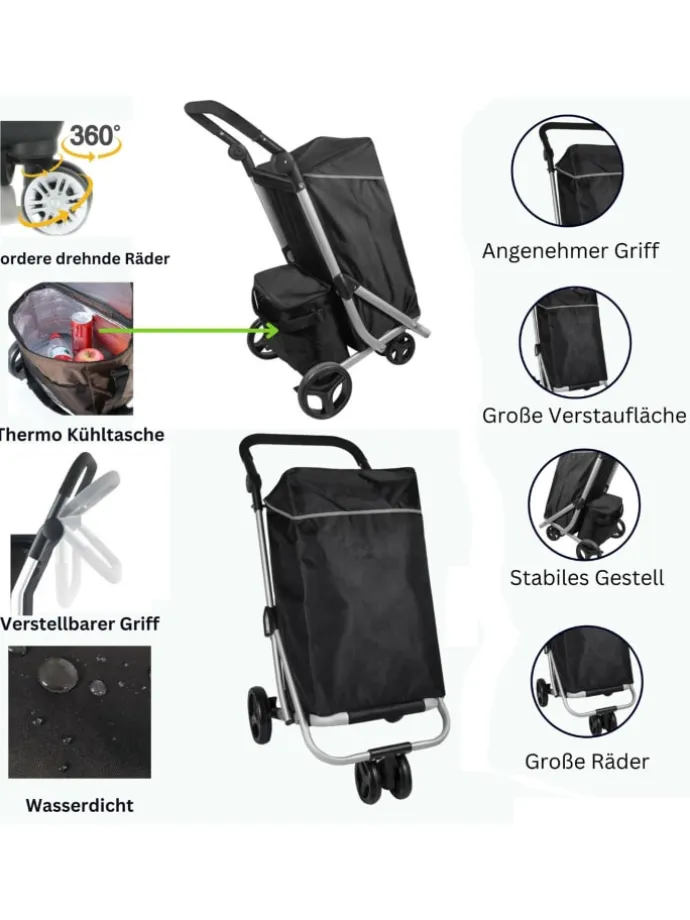 48 L Einkaufswagen + 12 L Kühltasche Einkauf Trolley Trolley in Schwarz