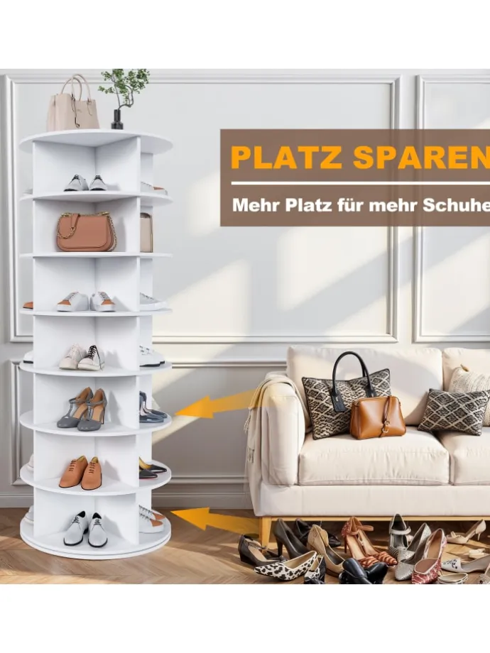 7 stufiges Schuhregal mit 360° Drehfunktion in Weiß, 60 × 60 × 161cm