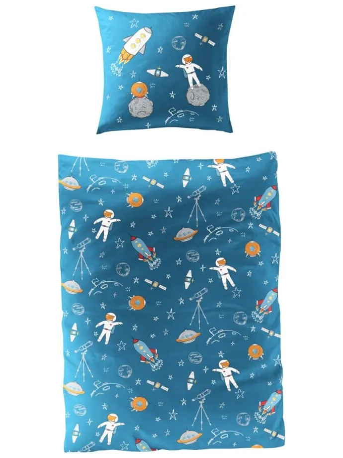 2 tlg. Biber Kinder Bettwäsche 135x200cm Astronaut Weltall in Blau