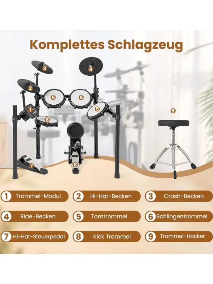 8 tlg. E-Drum Sets faltbar in Schwarz