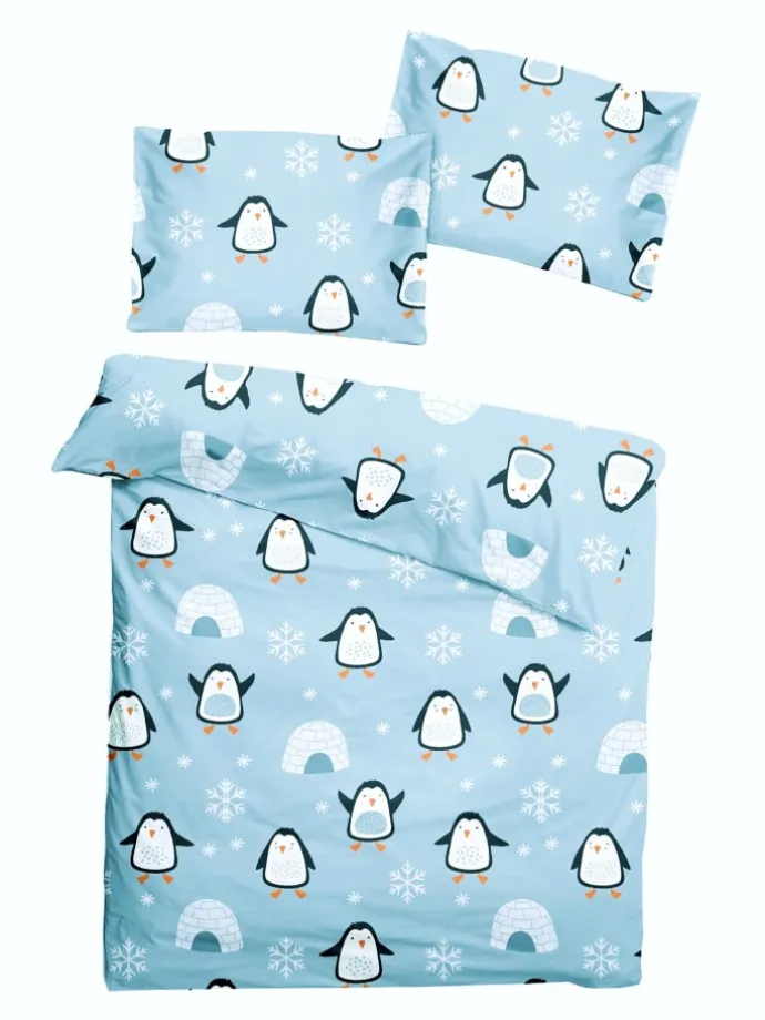2 tlg. Feinbiber Bettwäsche 100x135cm Pinguin Iglu in Hellblau