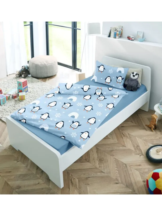 2 tlg. Feinbiber Bettwäsche 100x135cm Pinguin Iglu in Hellblau