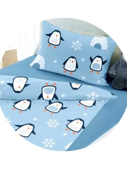 2 tlg. Feinbiber Bettwäsche 100x135cm Pinguin Iglu in Hellblau