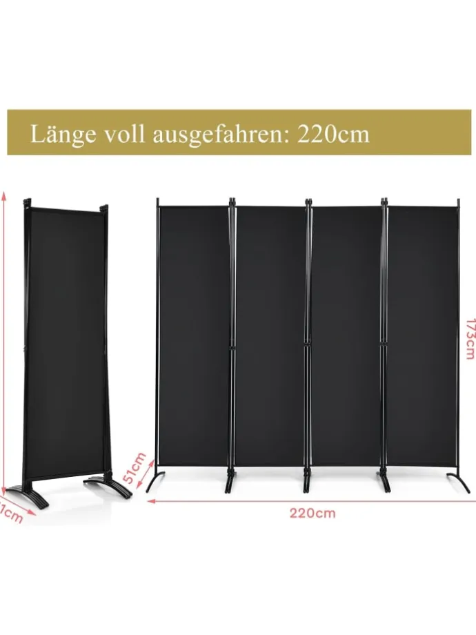 4 tlg. Raumteiler 173cm in Schwarz