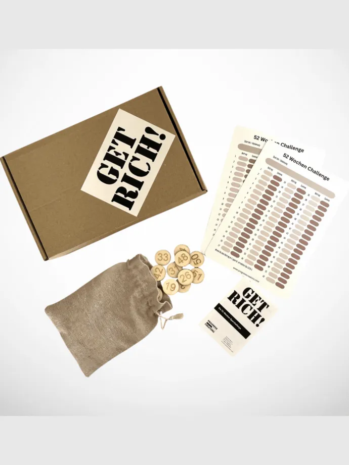 52 Wochen Sparchallenge „GET RICH!“ Holzchip-Edition