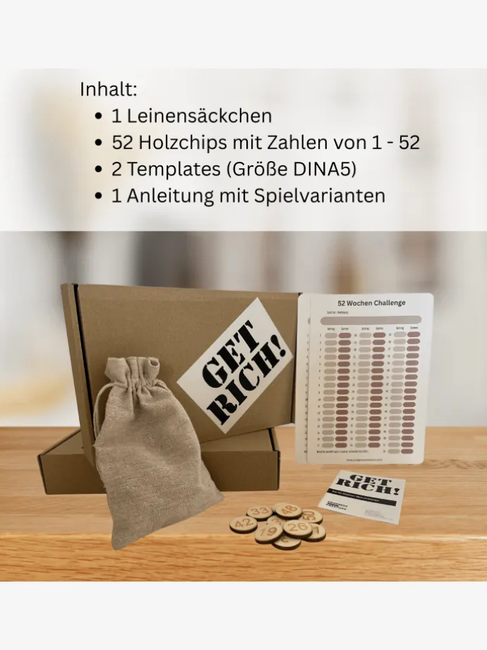 52 Wochen Sparchallenge „GET RICH!“ Holzchip-Edition