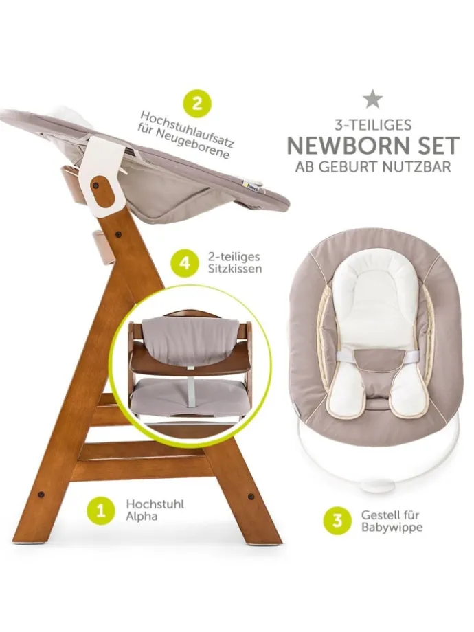 Alpha Plus Walnut Newborn Set - 4-tlg. Hochstuhl in braun,beige