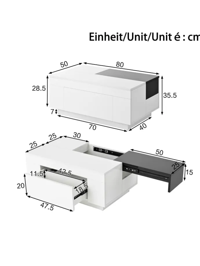 Ausziehbarer Couchtisch mit LED einstellbarem Lichtband und Stauraum, Weiß