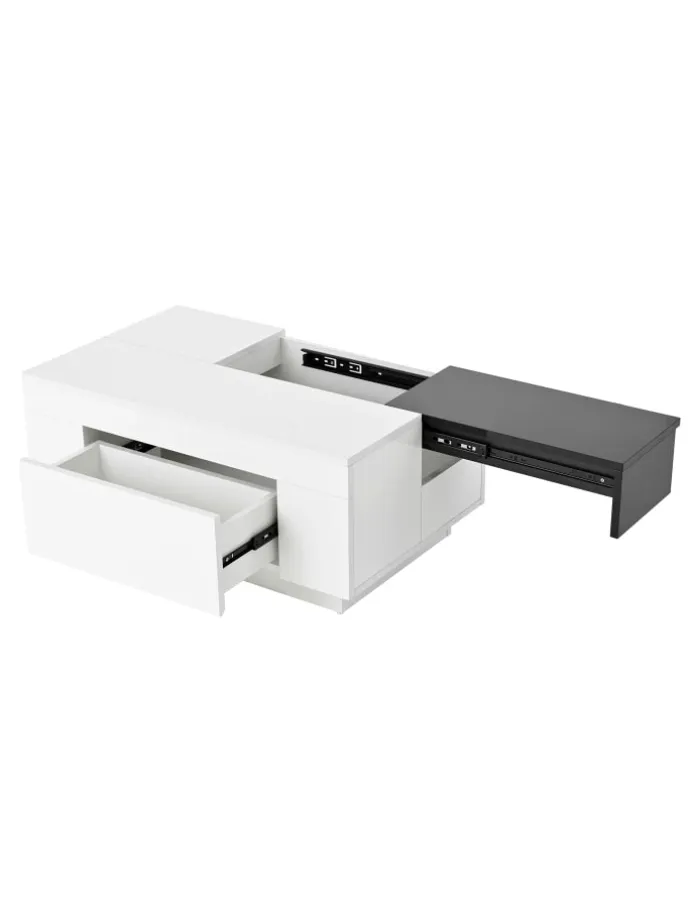 Ausziehbarer Couchtisch mit LED einstellbarem Lichtband und Stauraum, Weiß