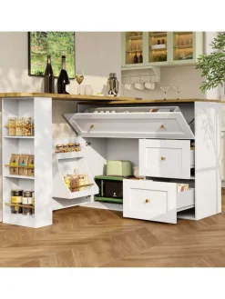 Ausziehbarer Küchenschrank Kücheninsel mit Stauraum und Snackregal, Weiß
