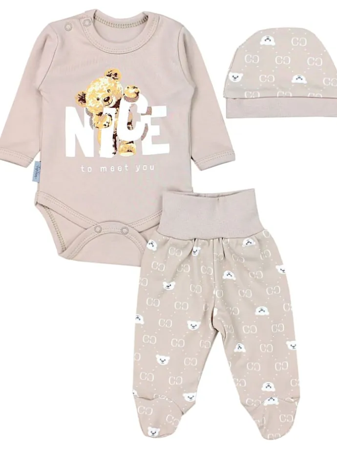 Baby Bekleidungsset Langarmbody Hose Mütze3 teilig in beige Modell 1