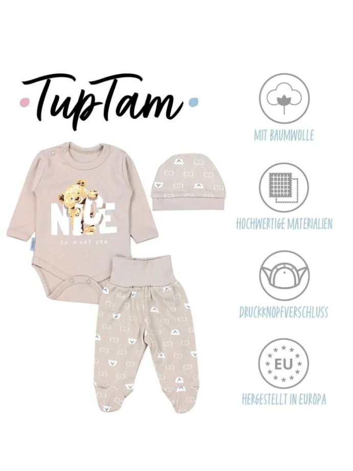 Baby Bekleidungsset Langarmbody Hose Mütze3 teilig in beige Modell 1