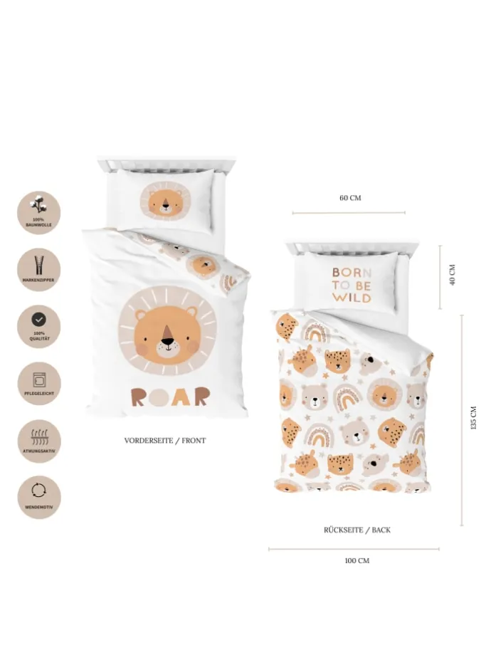 Babybettwäsche-Set Biber "Little Lion" in Weiß/Beige/ Orange
