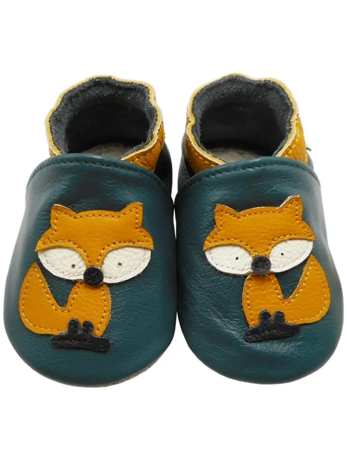 Baby-Lederlaufschuhe mit rutschfester Sohle – dunkelgrün mit Fuchsmotiv