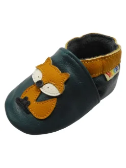 Baby-Lederlaufschuhe mit rutschfester Sohle – dunkelgrün mit Fuchsmotiv