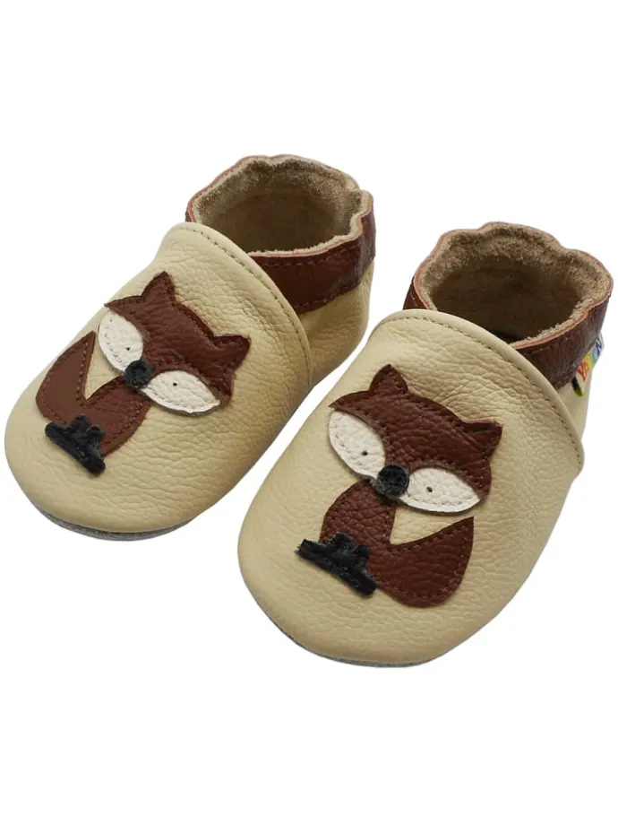 Baby-Lederlaufschuhe mit rutschfester Sohle – Cremefarben mit Fuchsmotiv