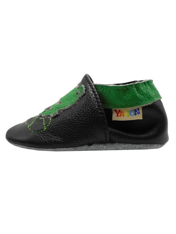 Babyschuhe aus Leder mit rutschfester Sohle – Schwarz mit Frosch-Muster