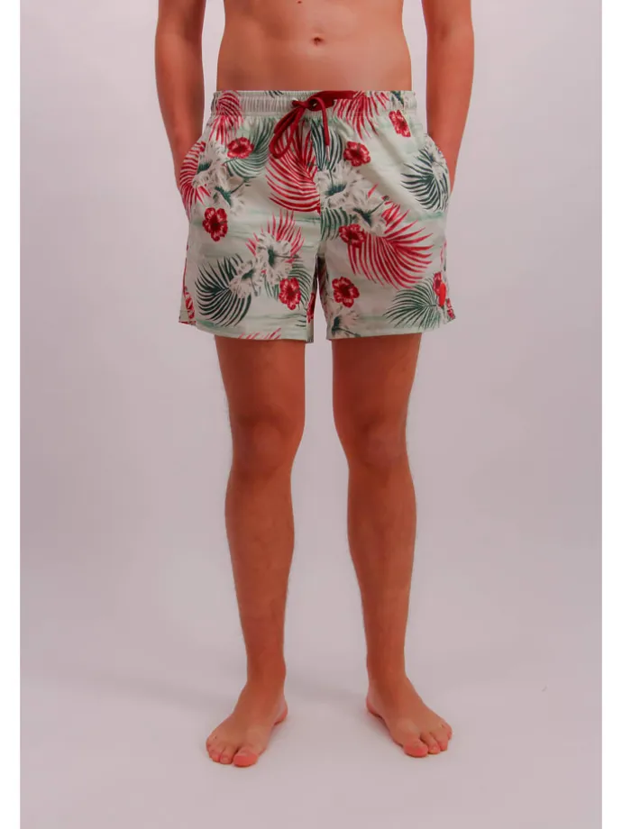 Badeshorts in Creme/ Grün/ Rot