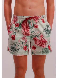 Badeshorts in Creme/ Grün/ Rot