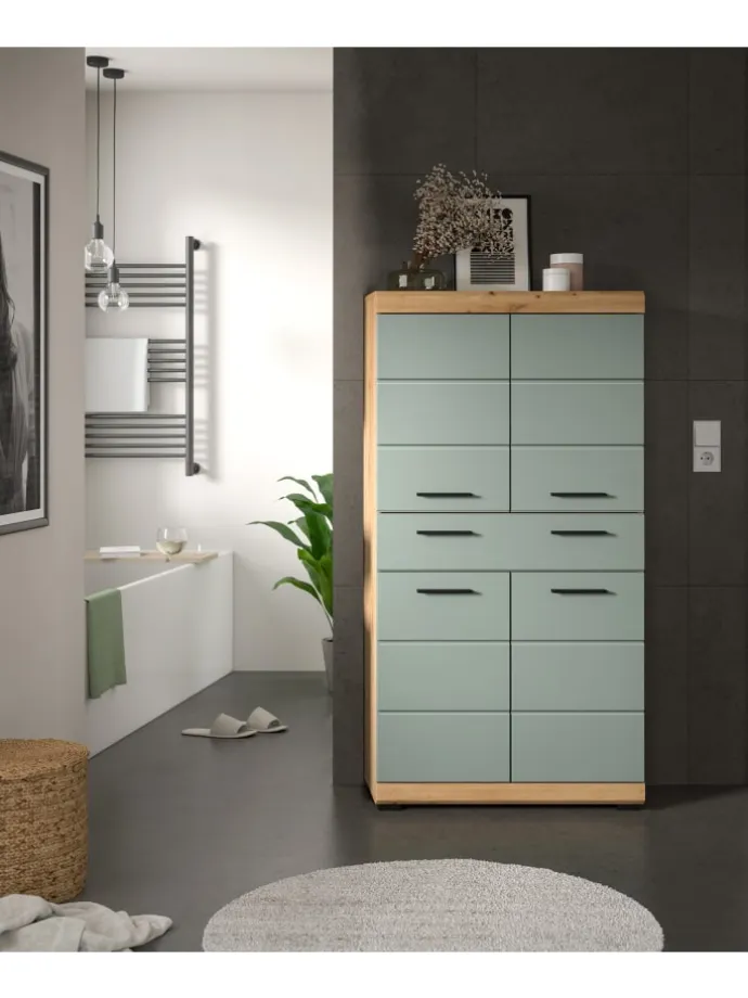 Badmidischrank in Artisan Eiche/Salbei - (B) 74 x (H) 141 x (T) 31