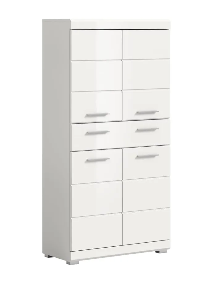 Badmidischrank in weiß/weiß hochglanz - (B) 74 x (H) 141 x (T) 31
