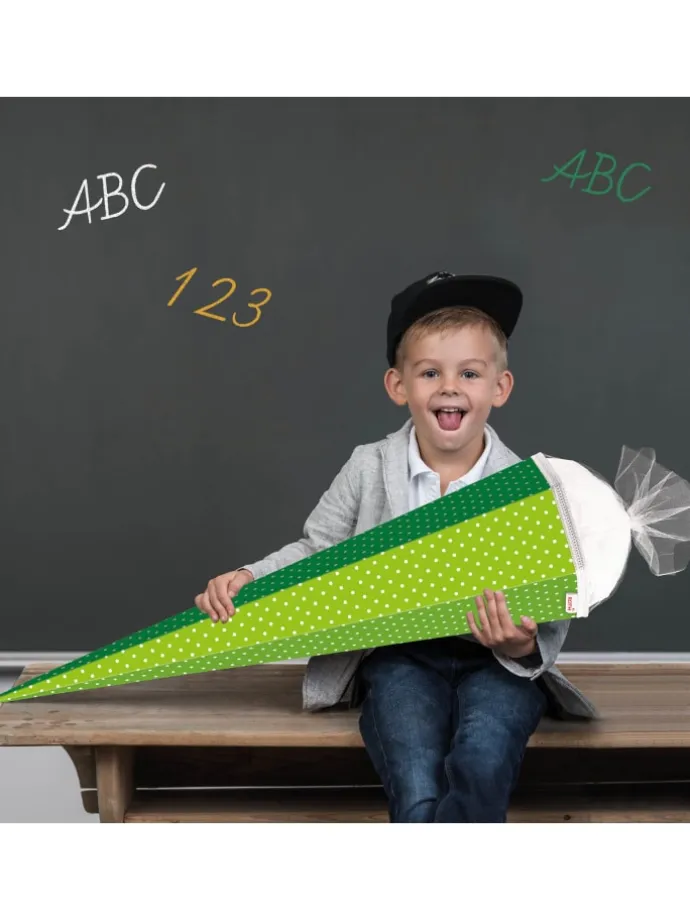 Bastel-Schultüte groß grün weiße Punkte 85 cm in Weiß