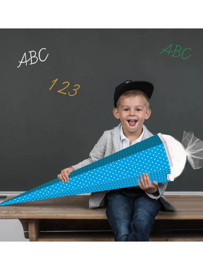 Bastel-Schultüte groß pazifikblau weiße Punkte 85 cm in Hellblau