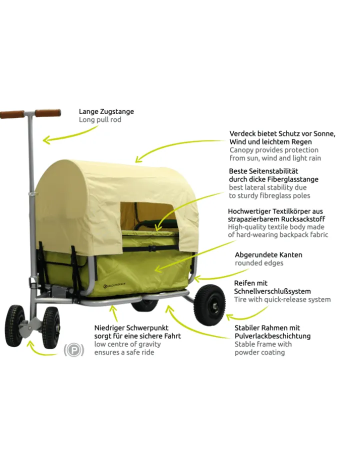 Beachtrekker LiFe faltbarer Bollerwagen (Oliv) + Bremse + Sonnenverdeck