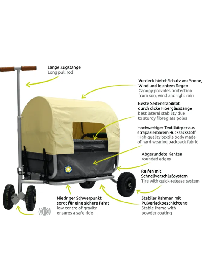 Beachtrekker LiFe faltbarer Bollerwagen (Schwarz) + Bremse + Sonnenverdeck