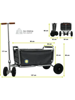 Beachtrekker LiFe faltbarer Bollerwagen (Schwarz) + Bremse + Sonnenverdeck